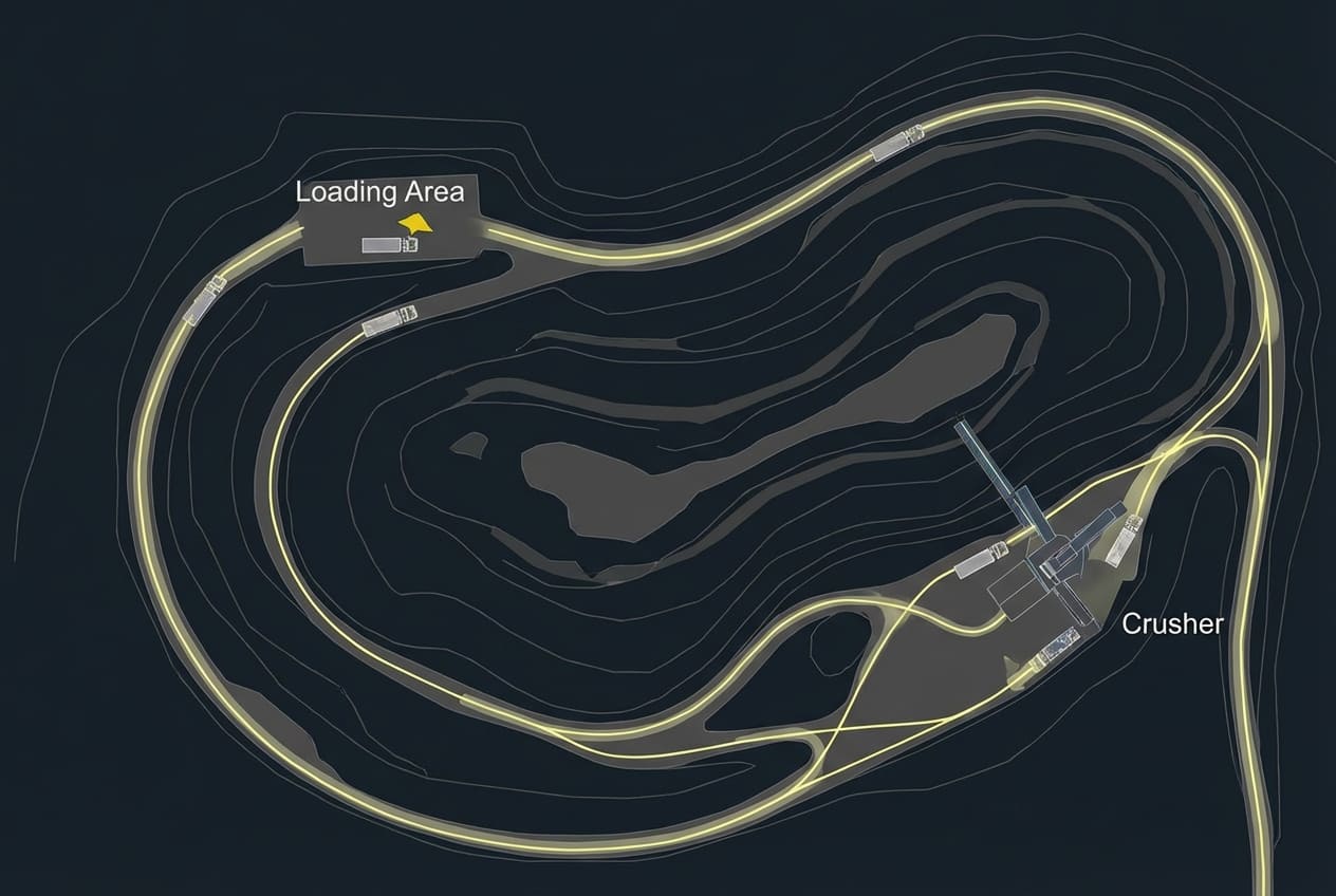 Схема маршрутов движения самосвалов с обозначением точек погрузки разгрузки и зон ожидания