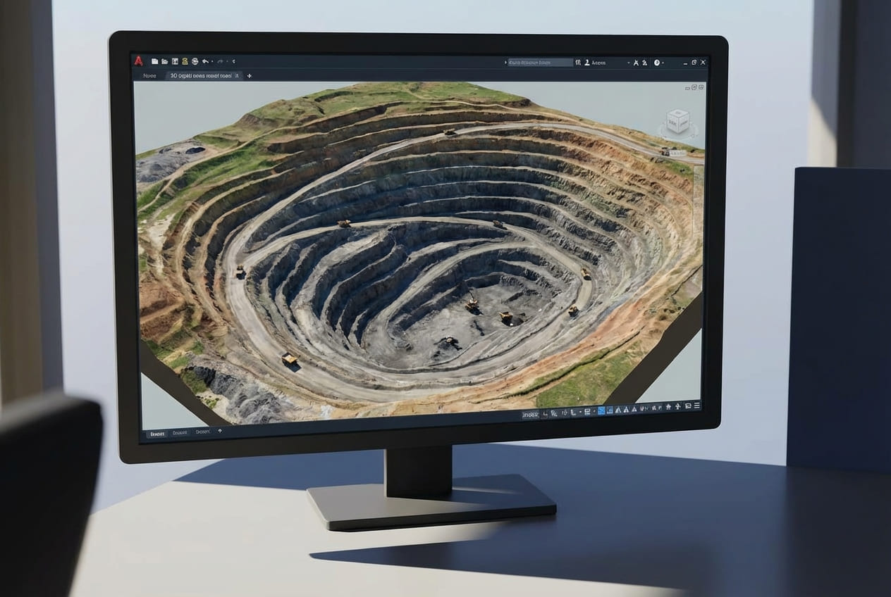 Трёхмерная модель цифрового двойника карьера с визуализацией рельефа и движения техники