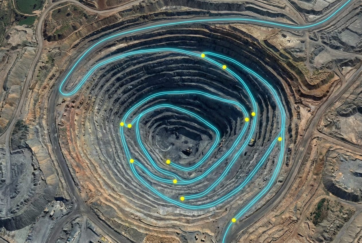 Карта карьера с отображением маршрутов движения техники и точек загрузки